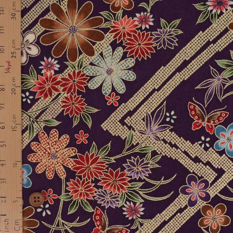 金箔一越ちりめん 金の稲妻かのこに花と蝶(深紫) 10cm単位 切り売り