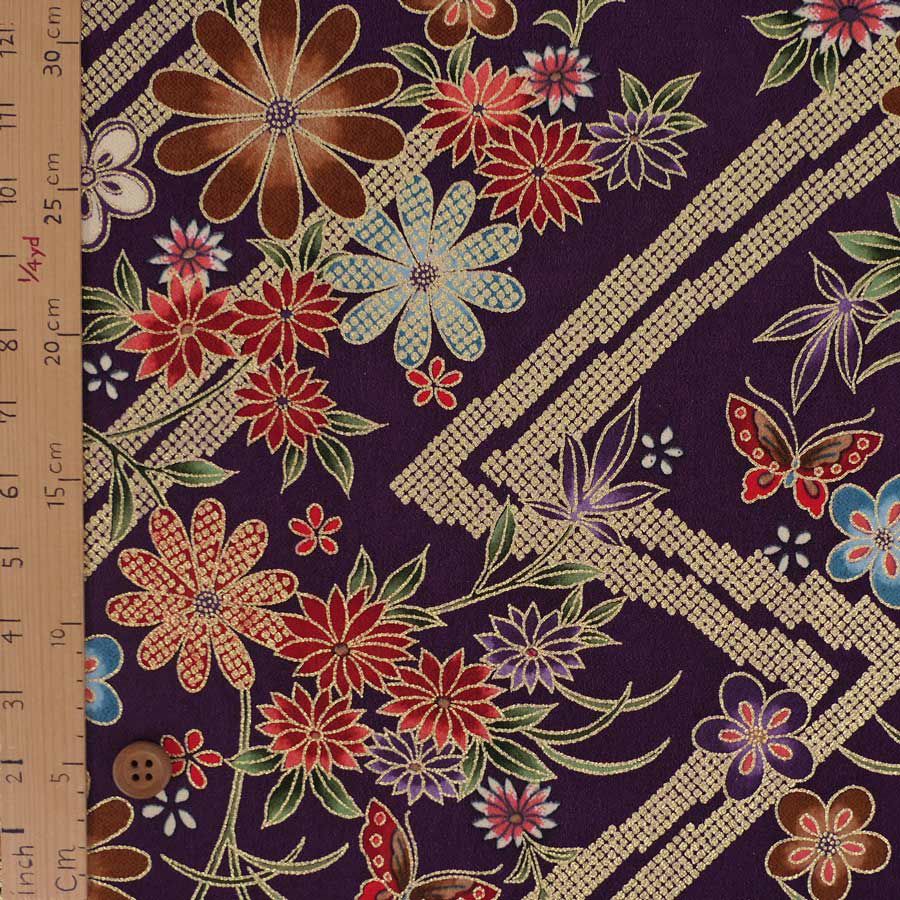 金箔一越ちりめん 金の稲妻かのこに花と蝶(深紫) 10cm単位 切り売り