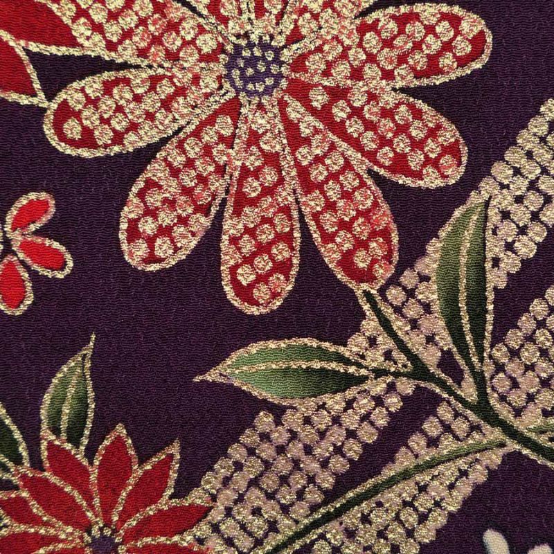 金箔一越ちりめん 金の稲妻かのこに花と蝶(深紫) 10cm単位 切り売り