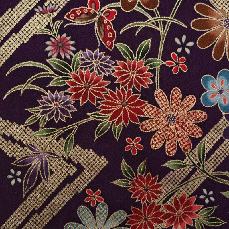 金箔一越ちりめん 金の稲妻かのこに花と蝶(深紫) 10cm単位 切り売り