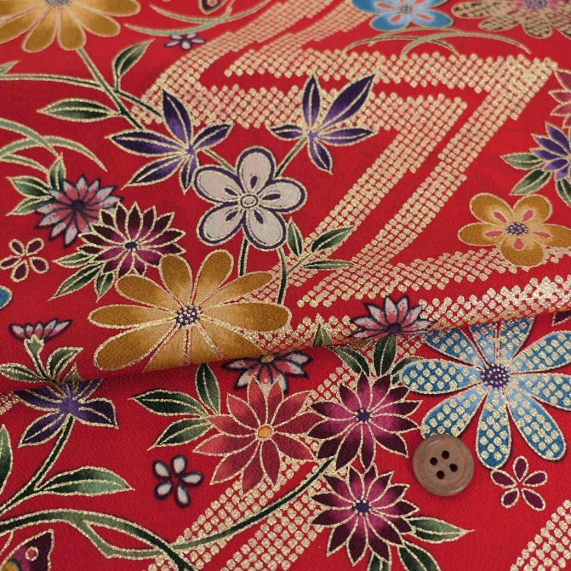 金箔一越ちりめん 金の稲妻かのこに花と蝶(赤) 10cm単位 切り売り