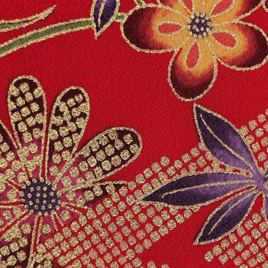 金箔一越ちりめん 金の稲妻かのこに花と蝶(赤) 10cm単位 切り売り