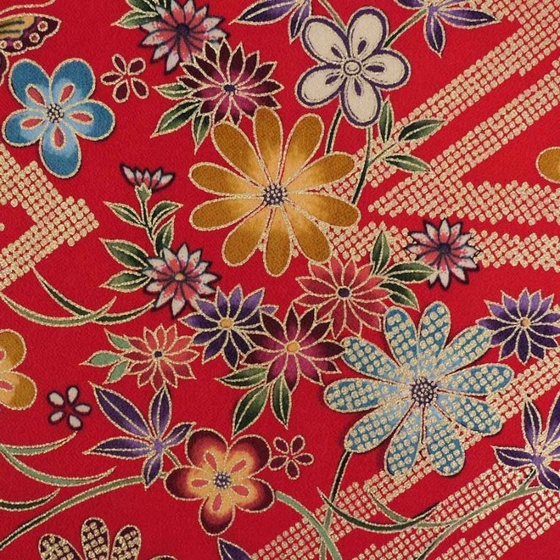 金箔一越ちりめん 金の稲妻かのこに花と蝶(赤) 10cm単位 切り売り