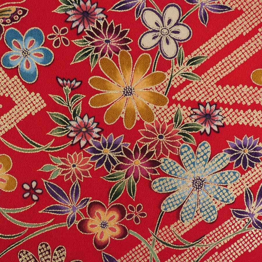 金箔一越ちりめん 金の稲妻かのこに花と蝶(赤) 10cm単位 切り売り