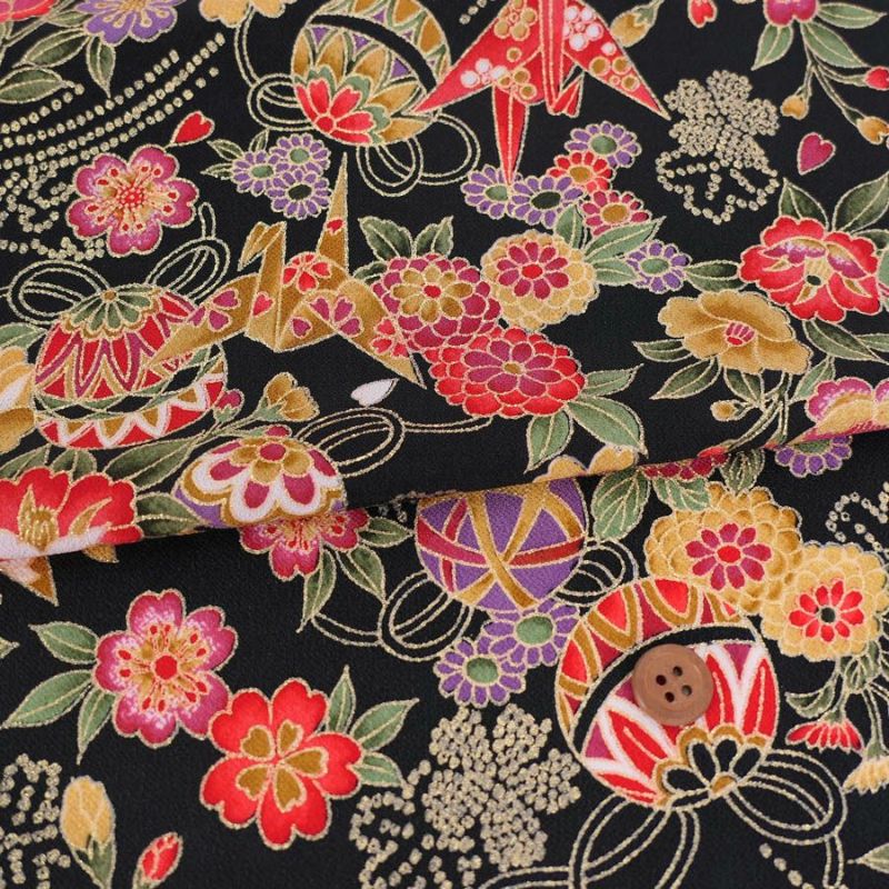 金箔一越ちりめん 折鶴と和花(黒) 10cm単位 切り売り