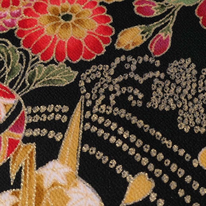 金箔一越ちりめん 折鶴と和花(黒) 10cm単位 切り売り