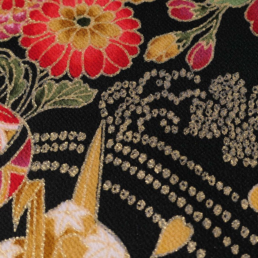 金箔一越ちりめん 折鶴と和花(黒) 10cm単位 切り売り