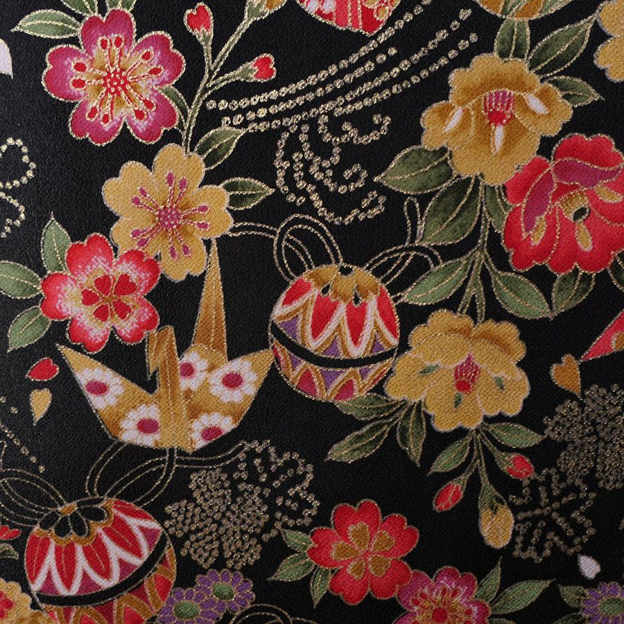 金箔一越ちりめん 折鶴と和花(黒) 10cm単位 切り売り