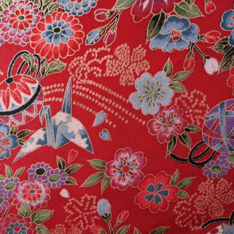 金箔一越ちりめん 折鶴と和花(赤) 10cm単位 切り売り