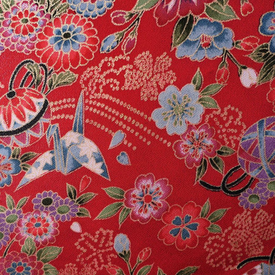 金箔一越ちりめん 折鶴と和花(赤) 10cm単位 切り売り