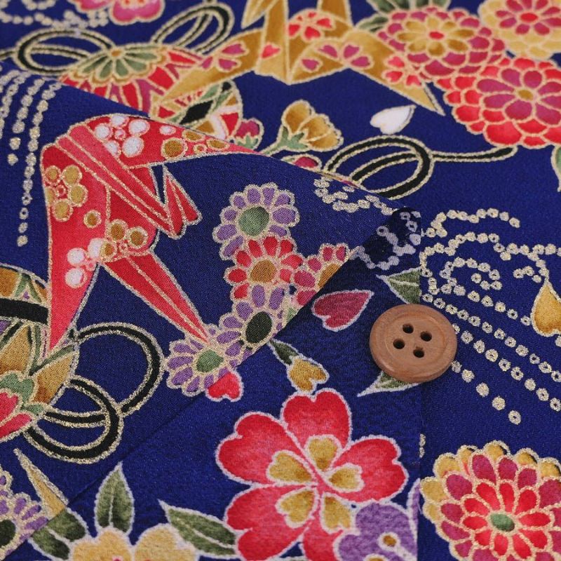 金箔一越ちりめん 折鶴と和花(紺青) 10cm単位 切り売り