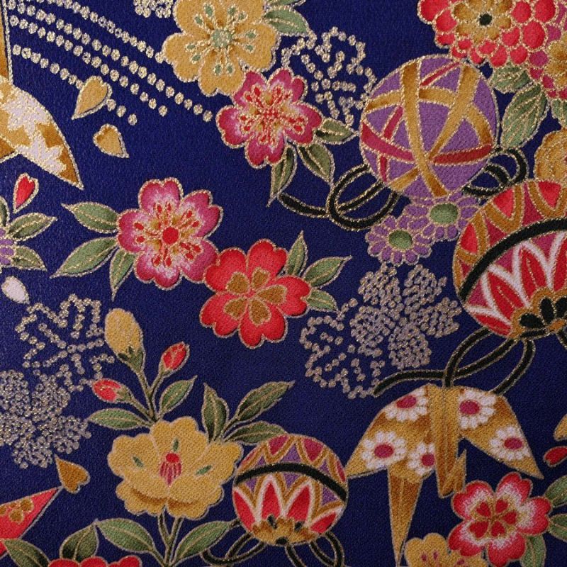 金箔一越ちりめん 折鶴と和花(紺青) 10cm単位 切り売り