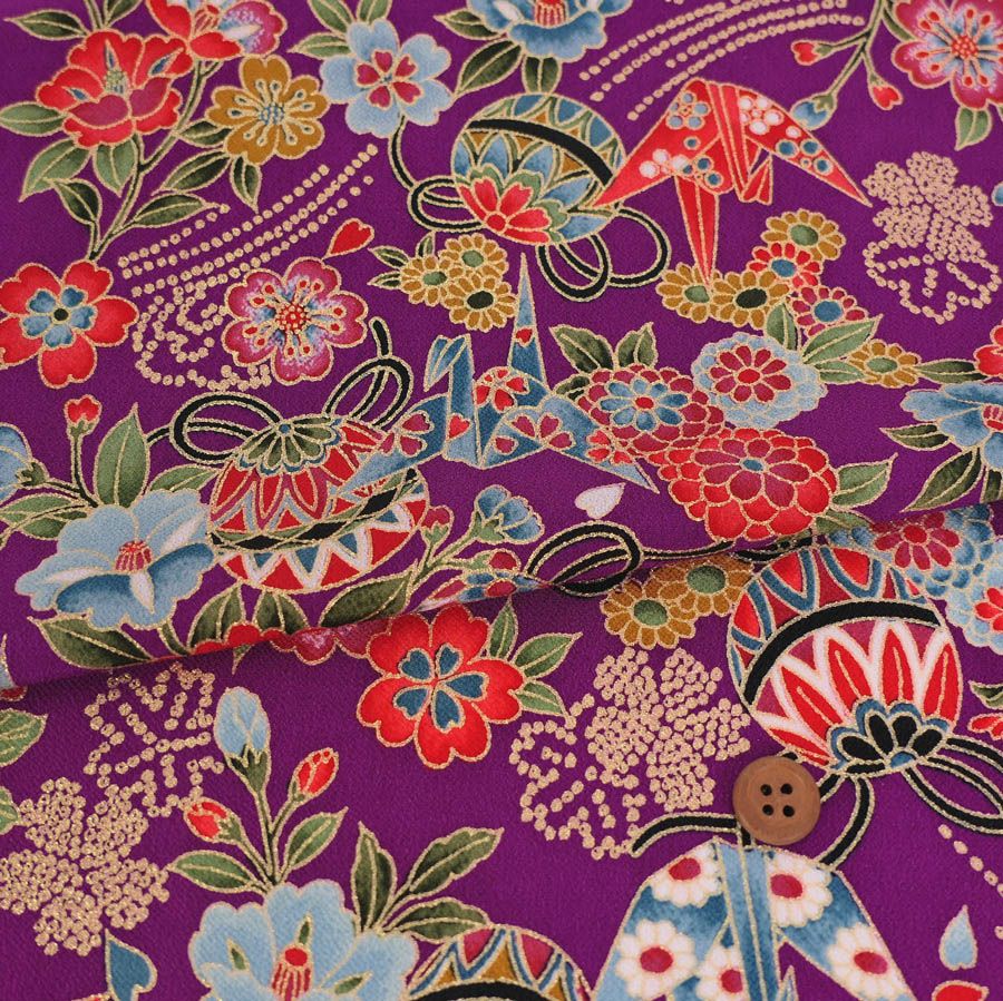 金箔一越ちりめん 折鶴と和花(紫) 10cm単位 切り売り