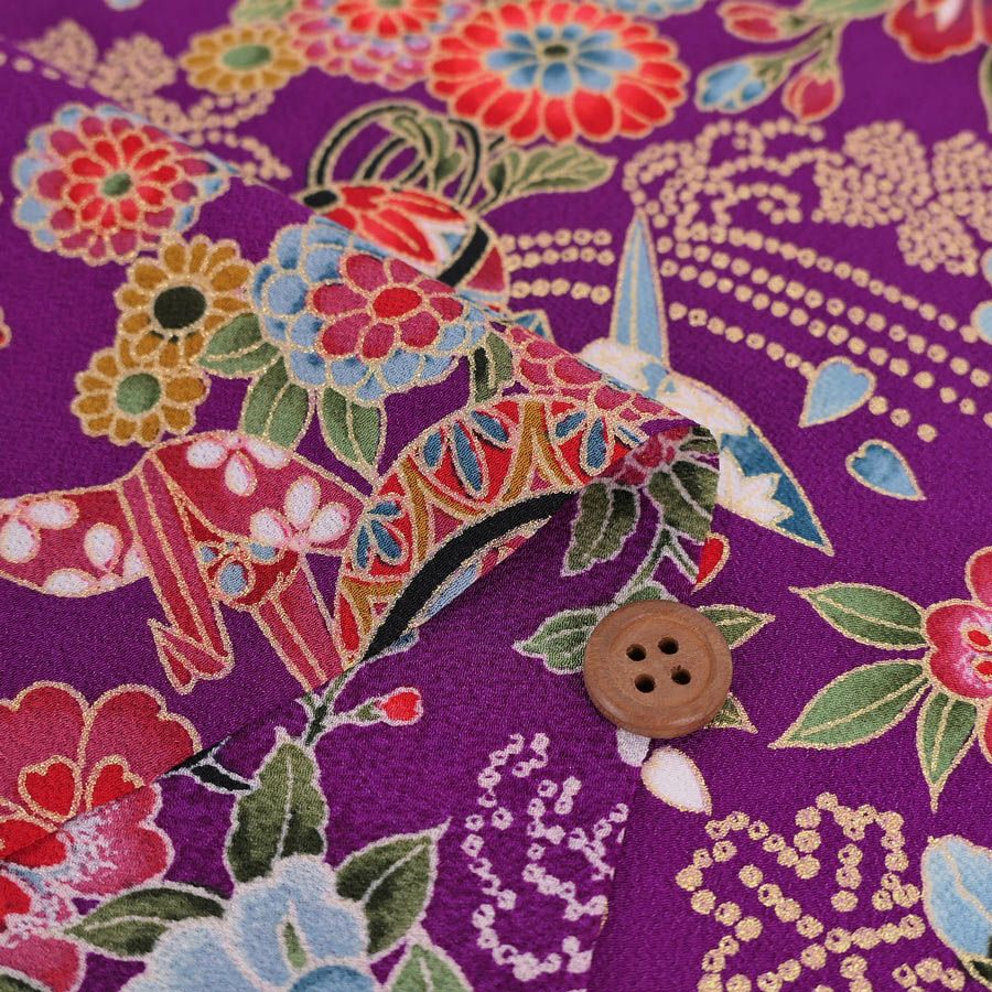 金箔一越ちりめん 折鶴と和花(紫) 10cm単位 切り売り