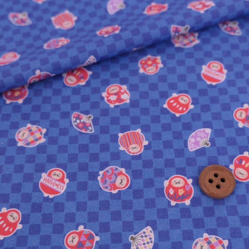 和柄コットン生地 市松にだるまと扇子(青) 10cm単位 切り売り