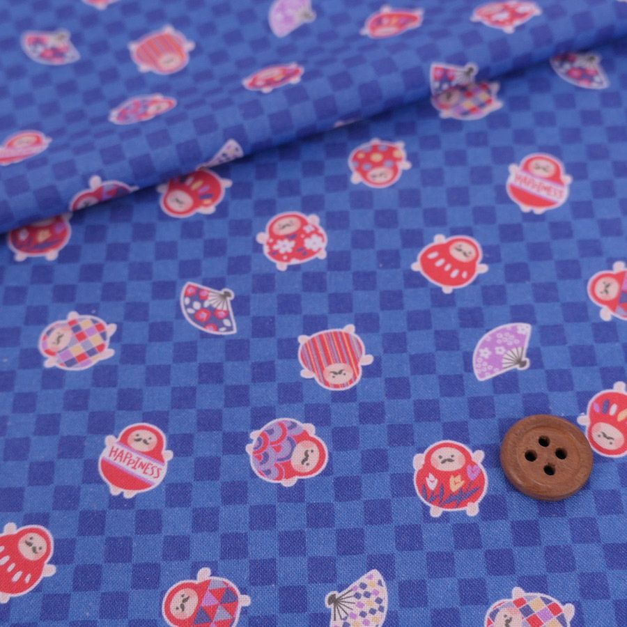 和柄コットン生地 市松にだるまと扇子(青) 10cm単位 切り売り