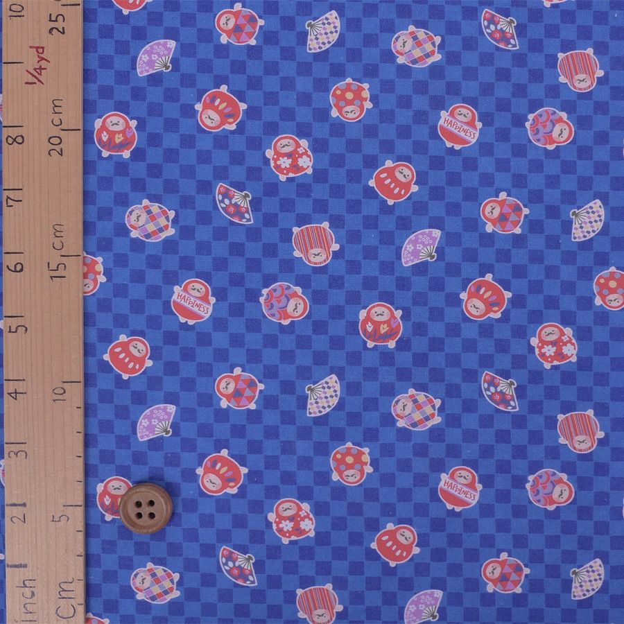 和柄コットン生地 市松にだるまと扇子(青) 10cm単位 切り売り