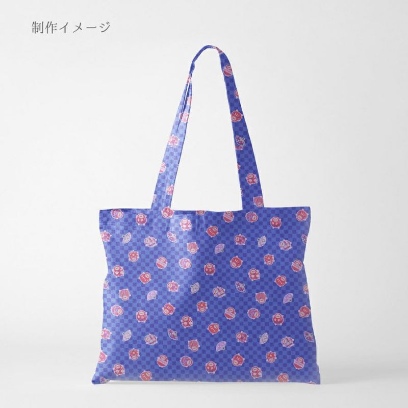 和柄コットン生地 市松にだるまと扇子(青) 10cm単位 切り売り