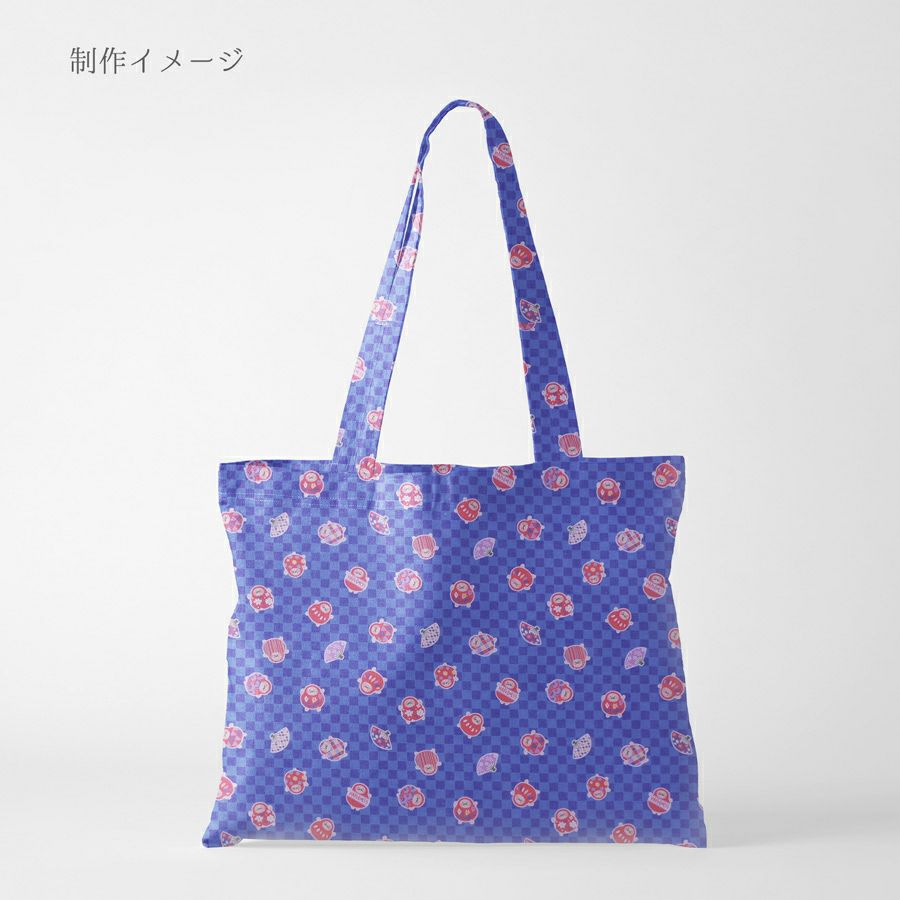 和柄コットン生地 市松にだるまと扇子(青) 10cm単位 切り売り