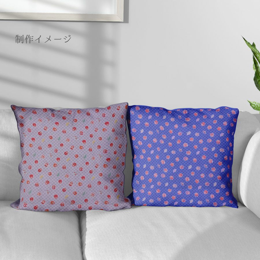 和柄コットン生地 市松にだるまと扇子(青) 10cm単位 切り売り