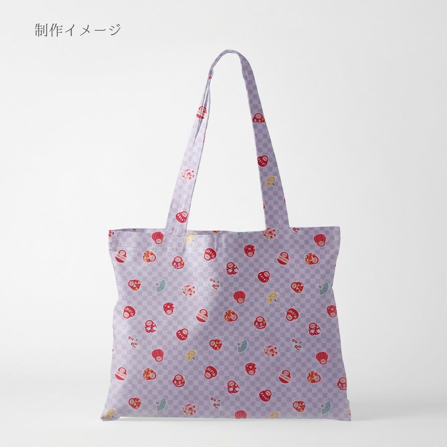 和柄コットン生地 市松にだるまと扇子(グレー) 10cm単位 切り売り