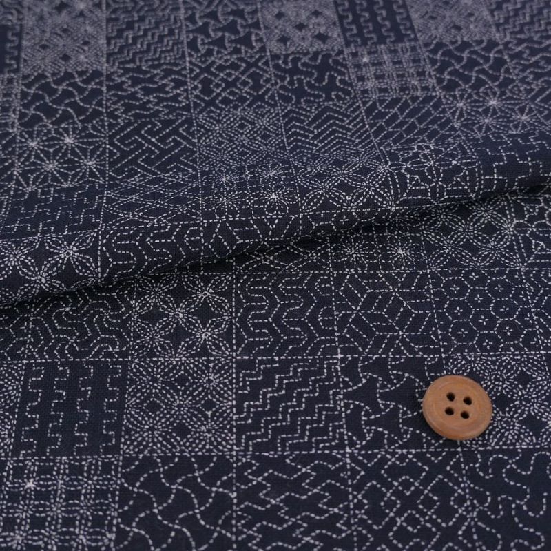 和柄コットン生地 刺し子の市松模様(濃紺) 10cm単位 切り売り