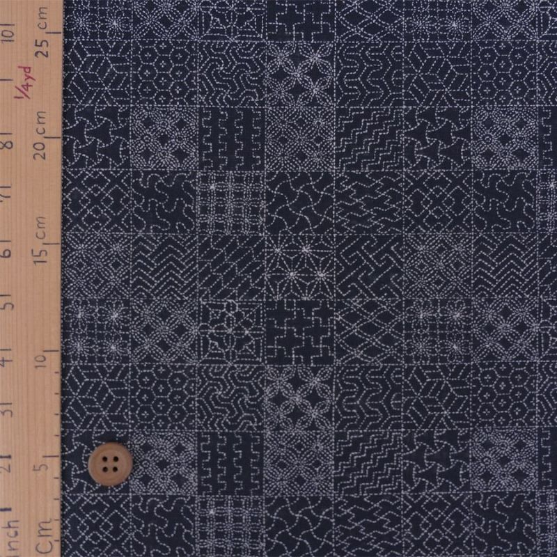 和柄コットン生地 刺し子の市松模様(濃紺) 10cm単位 切り売り