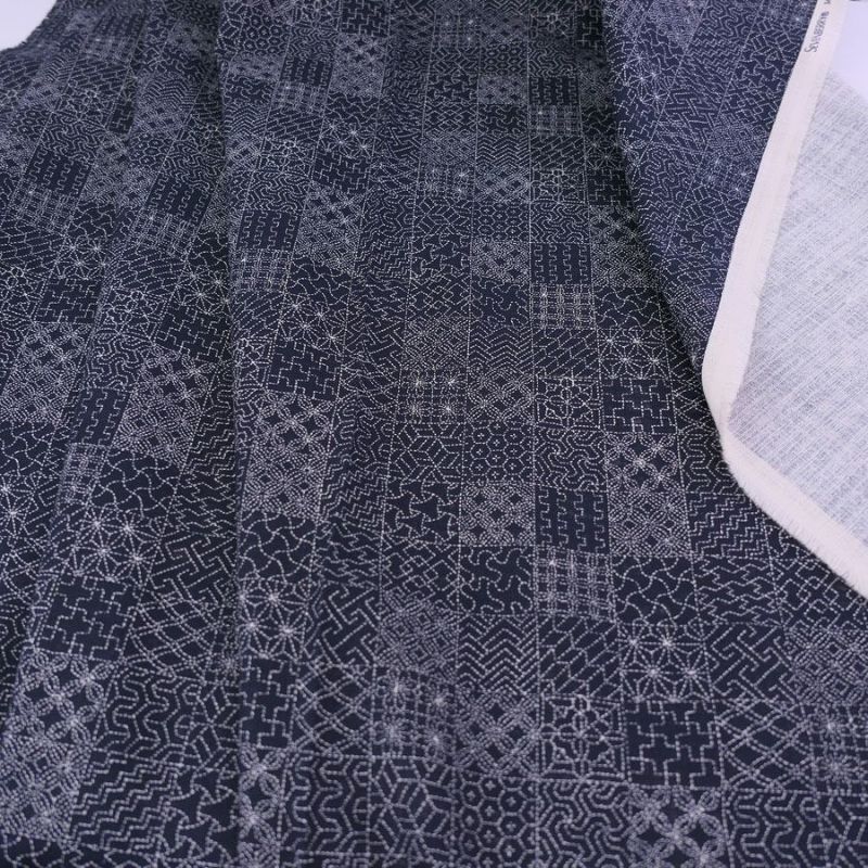 和柄コットン生地 刺し子の市松模様(濃紺) 10cm単位 切り売り