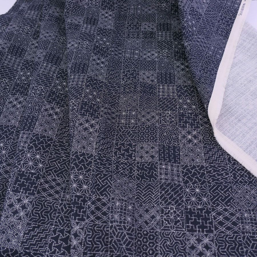 和柄コットン生地 刺し子の市松模様(濃紺) 10cm単位 切り売り