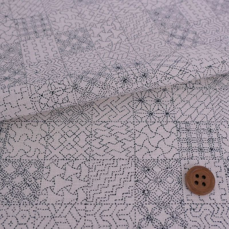 和柄コットン生地 刺し子の市松模様(きなり) 10cm単位 切り売り