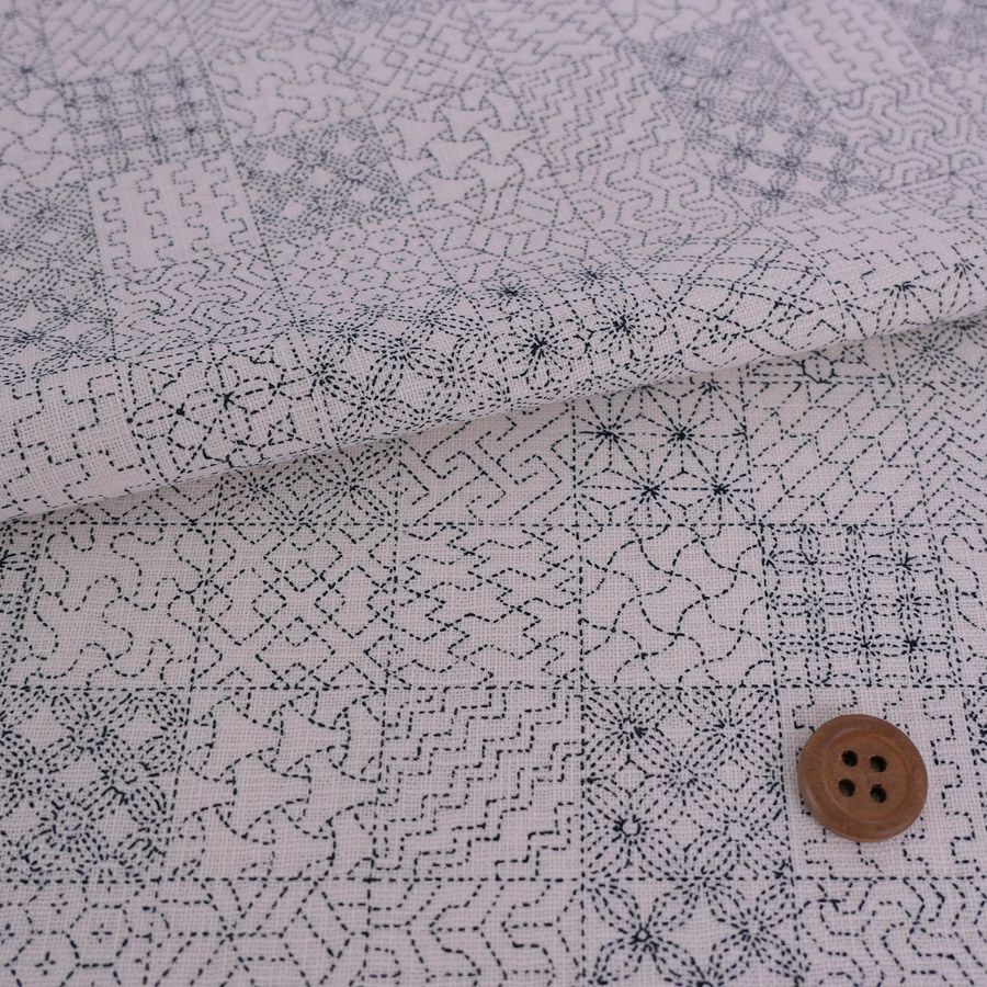 和柄コットン生地 刺し子の市松模様(きなり) 10cm単位 切り売り