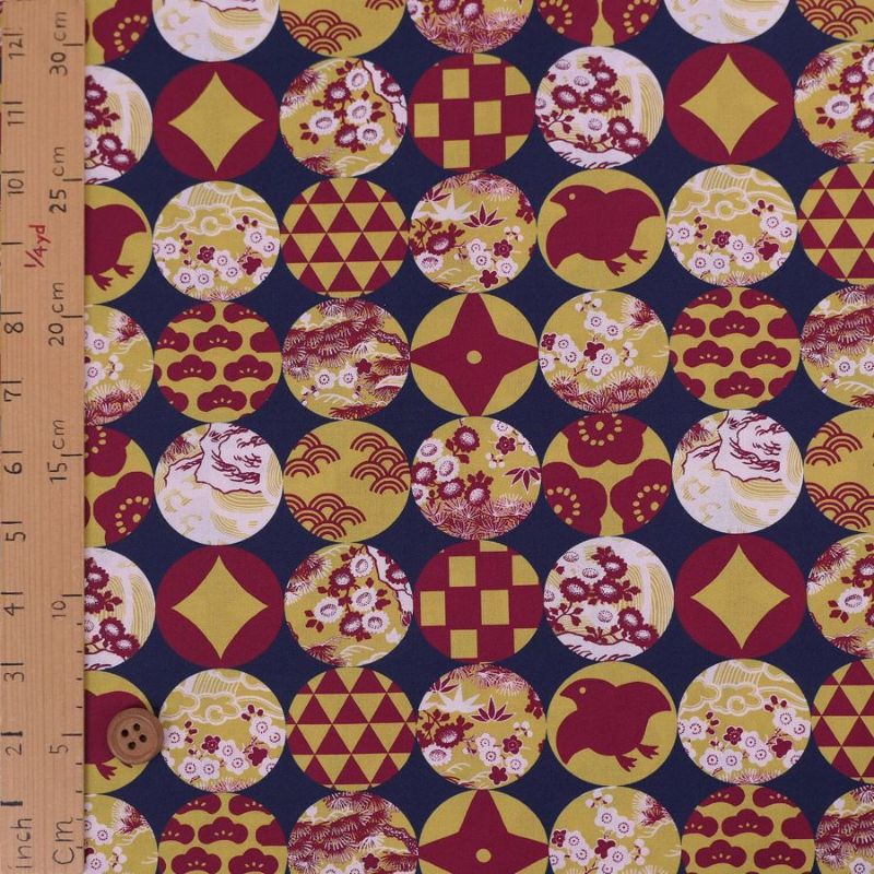 和柄コットン生地 円窓に吉祥模様(濃紺/からし) 10cm単位 切り売り