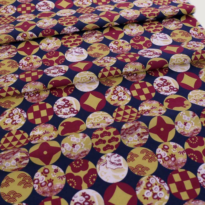 和柄コットン生地 円窓に吉祥模様(濃紺/からし) 10cm単位 切り売り