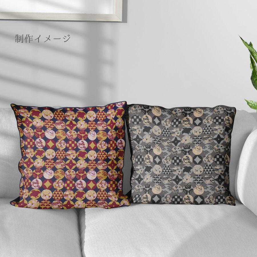 和柄コットン生地 円窓に吉祥模様(濃紺/からし) 10cm単位 切り売り