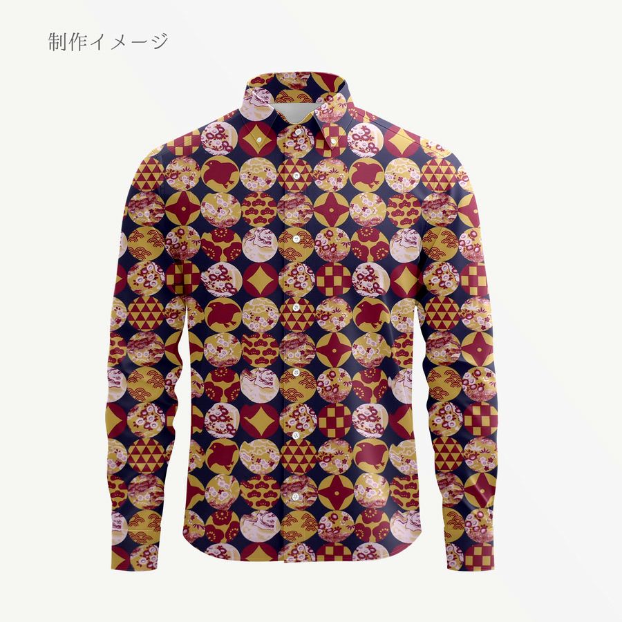 和柄コットン生地 円窓に吉祥模様(濃紺/からし) 10cm単位 切り売り