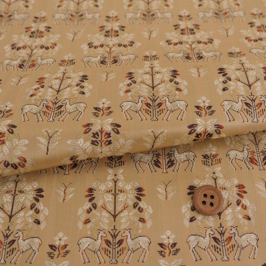 西陣織裂地・鹿草木夾纈(白茶) 10cm単位 切り売り |生地 和柄/和布