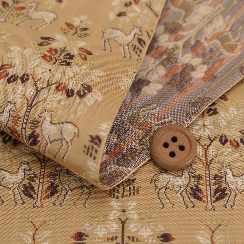 西陣織裂地・鹿草木夾纈(白茶) 10cm単位 切り売り