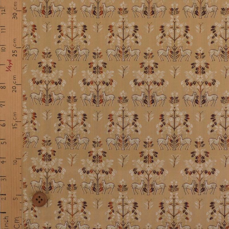 西陣織裂地・鹿草木夾纈(白茶) 10cm単位 切り売り