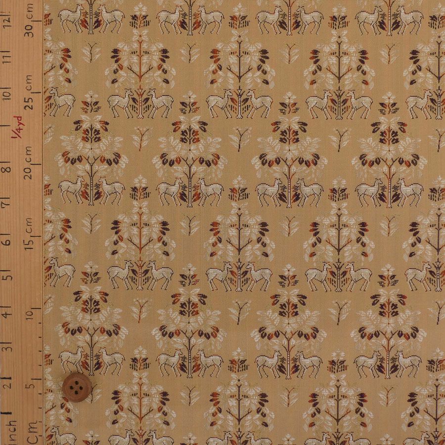 西陣織裂地・鹿草木夾纈(白茶) 10cm単位 切り売り