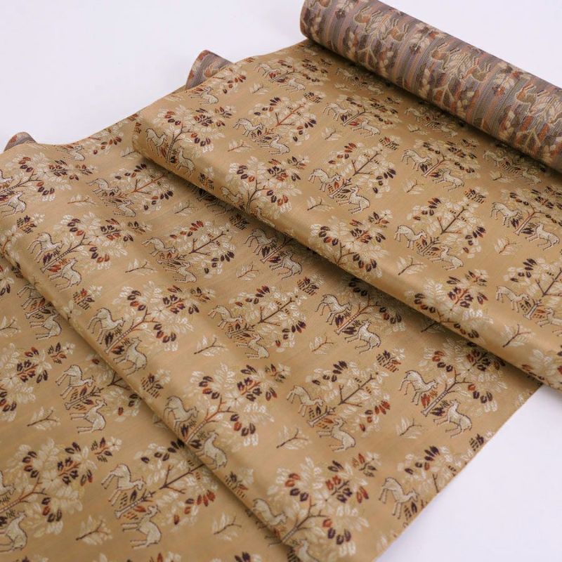 西陣織裂地・鹿草木夾纈(白茶) 10cm単位 切り売り