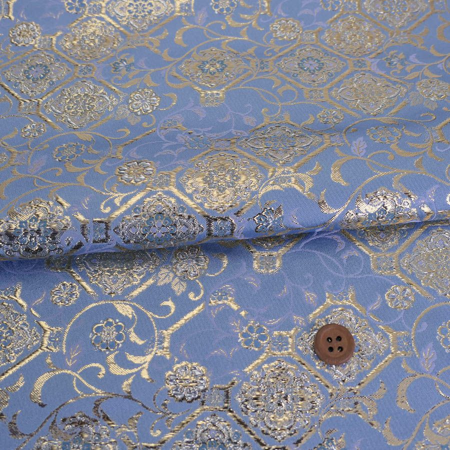 金襴生地(金らん) 斜め格子につる草と唐花柄(水色) 10cm単位 切り売り