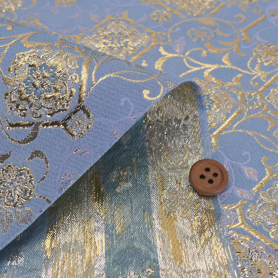 金襴生地(金らん) 斜め格子につる草と唐花柄(水色) 10cm単位 切り売り