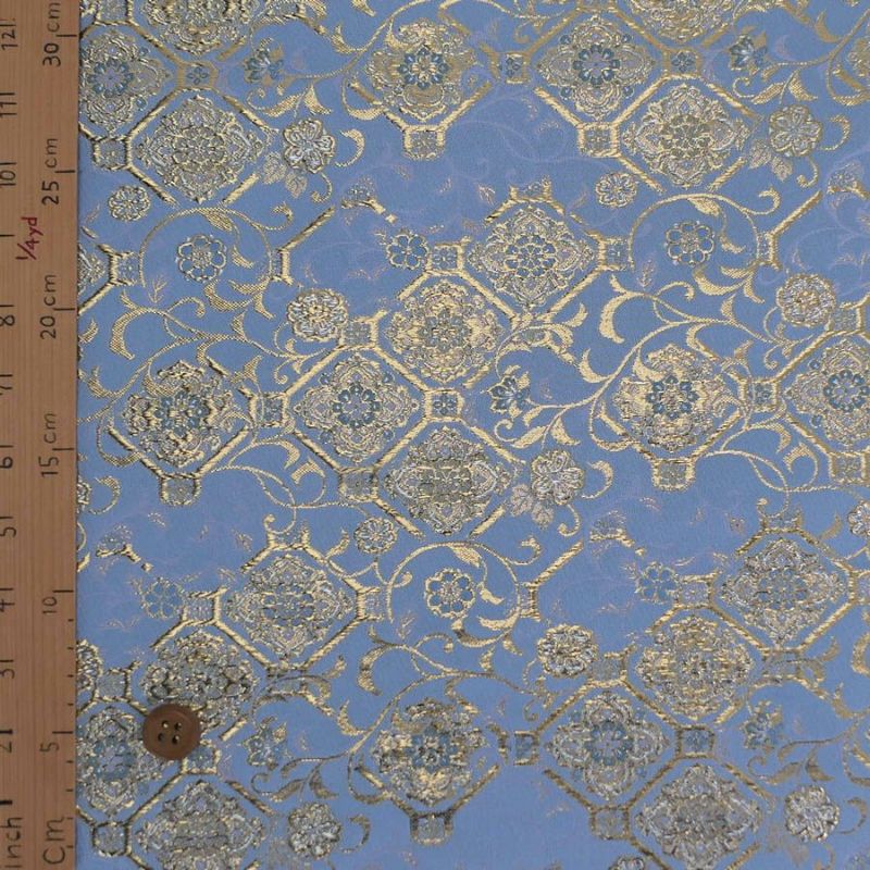 金襴生地(金らん) 斜め格子につる草と唐花柄(水色) 10cm単位 切り売り