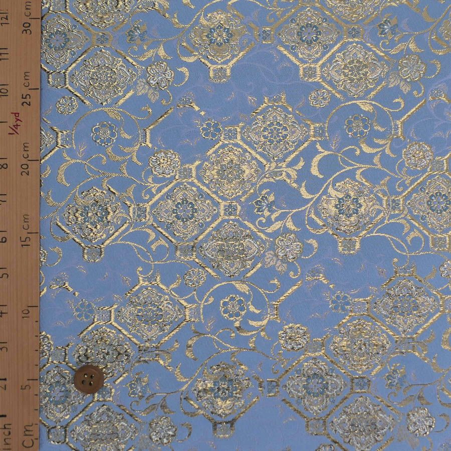 金襴生地(金らん) 斜め格子につる草と唐花柄(水色) 10cm単位 切り売り