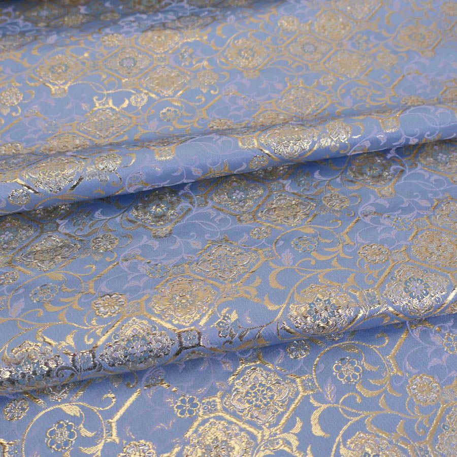 金襴生地(金らん) 斜め格子につる草と唐花柄(水色) 10cm単位 切り売り