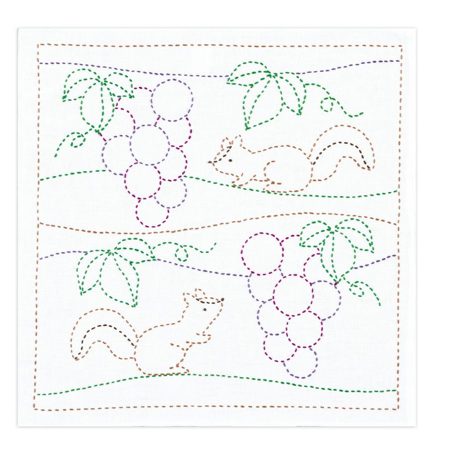 刺し子キット 花ふきん ぶどうとリス(白)