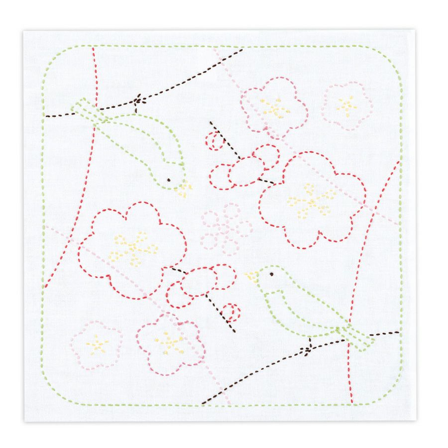 刺し子キット 花ふきん 梅とうぐいす(白)