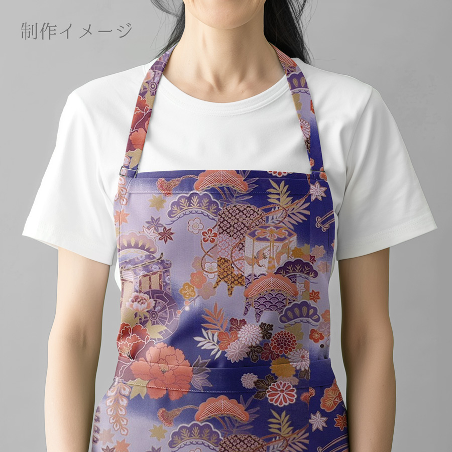 和柄コットン生地 御所車と貝桶に和花尽くし(青) 着物柄プリント木綿布地