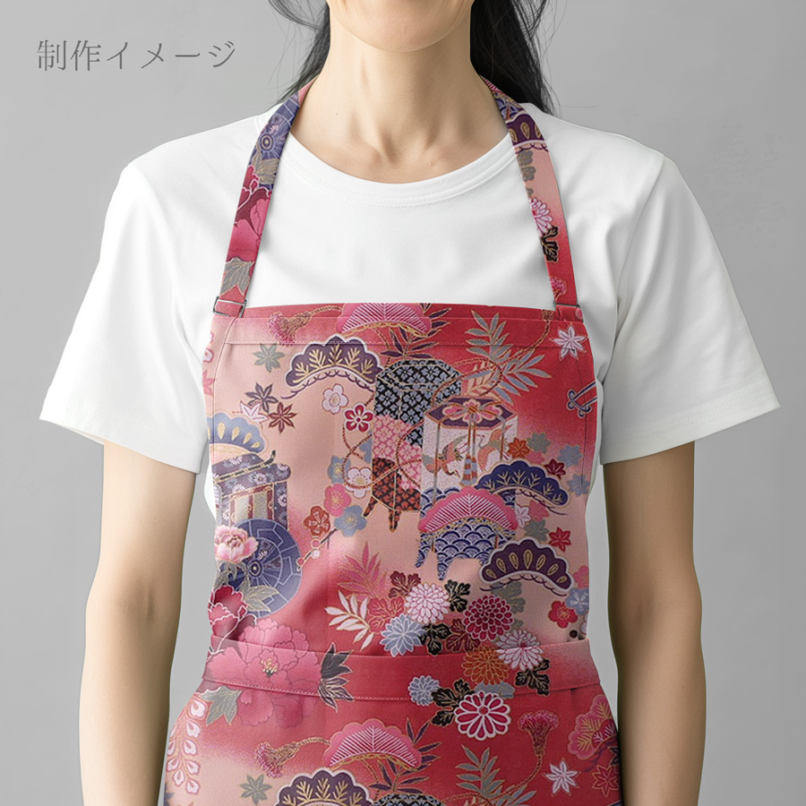 和柄コットン生地 御所車と貝桶に和花尽くし(紅もも色) 着物柄プリント 10cm単位 切り売り