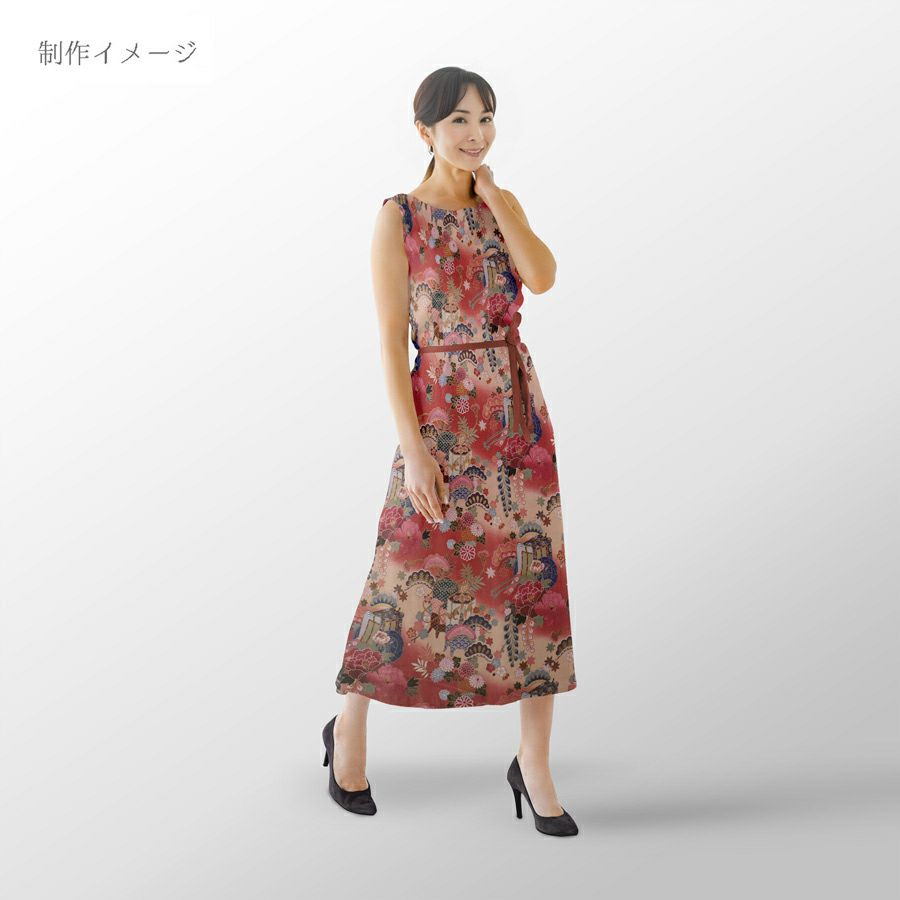 和柄コットン生地 御所車と貝桶に和花尽くし(紅もも色) 着物柄プリント 10cm単位 切り売り